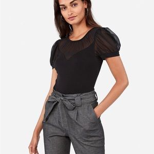 Express Sheer Crew Neck Puff Sleeve Top in Pitch Black XXS